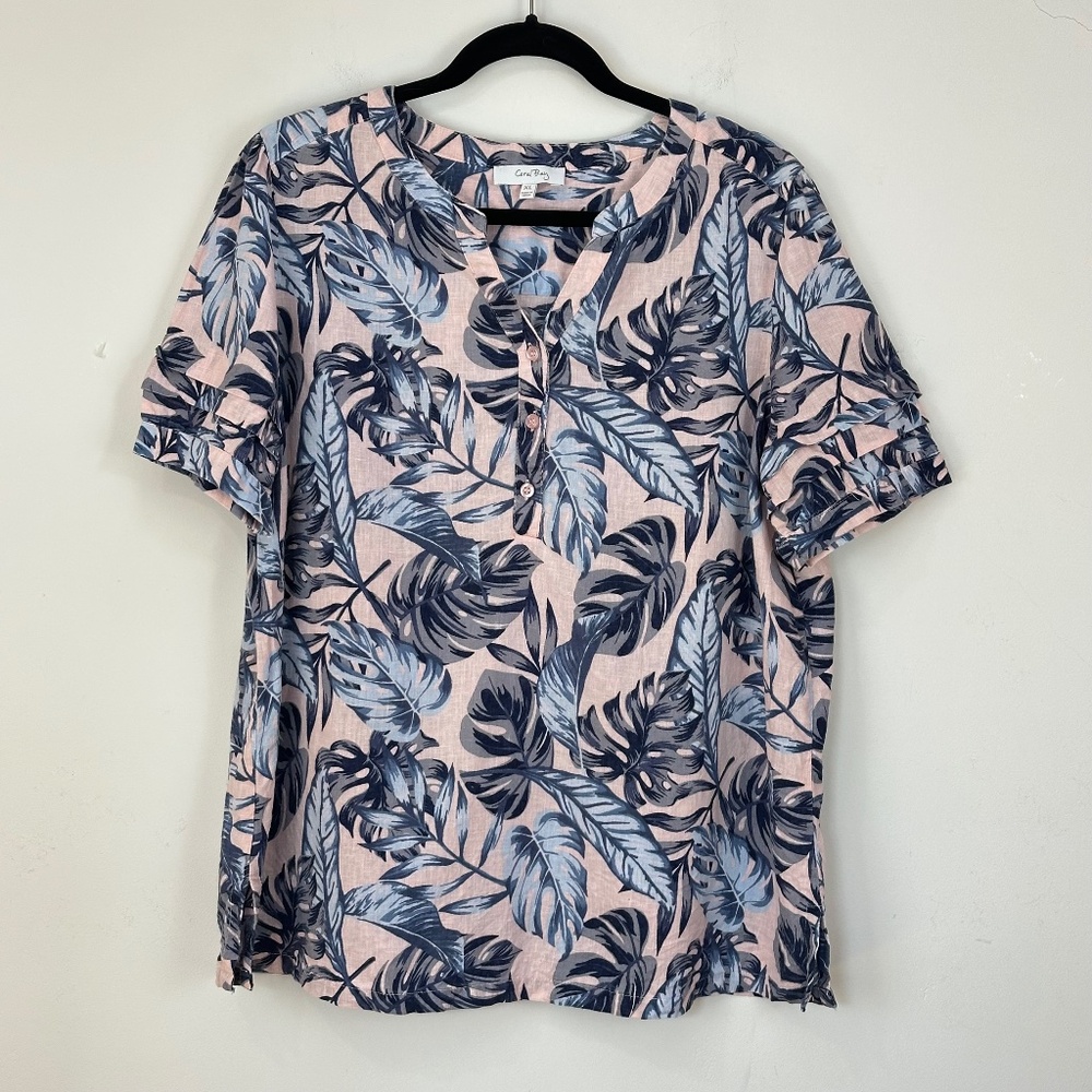 Coral Bay Women's Linen Blend Blue Pink Tropical Puff Sleeve Ruffle Top XL Beach